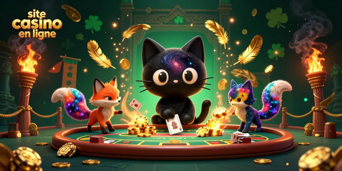Jeu au site casino en ligne avec un chat noir trou noir et un renard nébuleux, ambiance dynamique.