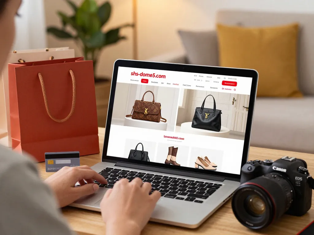 Shopping experience on shs-dome5.com highlighting luxury replicas in a cozy home.