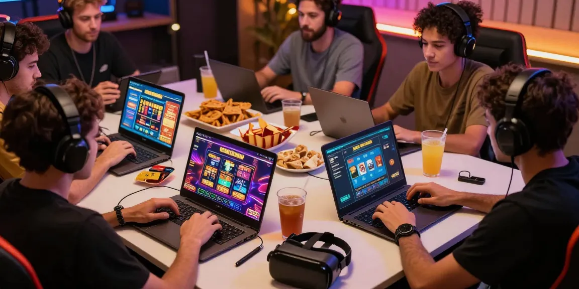 Exciting group of players enjoying credit card casinos on laptops and smartphones in a lively gaming environment, showcasing vibrant game graphics.