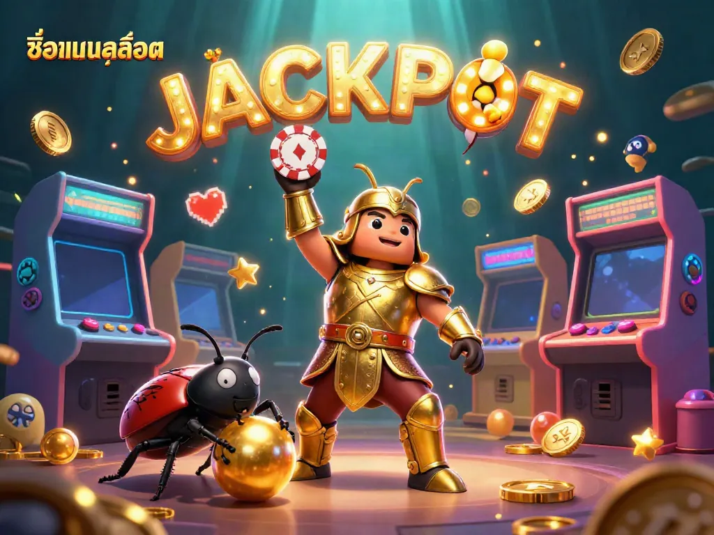 Engaging scene with ชื่อเกมสล็อต featuring a heroic beetle lifting a poker chip surrounded by vibrant gaming elements.