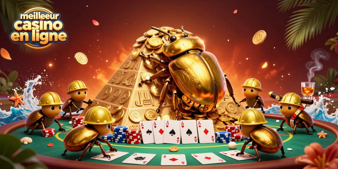 Illustration d'un meilleur casino en ligne avec un scarabée doré poussant une boule de pièces d'or.