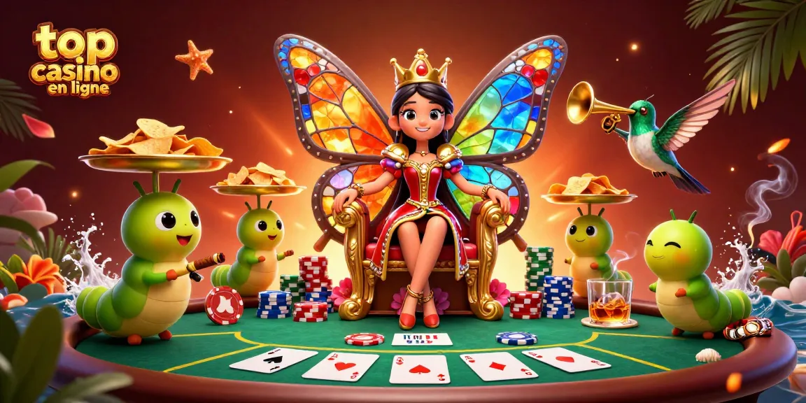 Profitez du top casino en ligne avec une illustration d'une reine papillon et des éléments de poker fascinants.