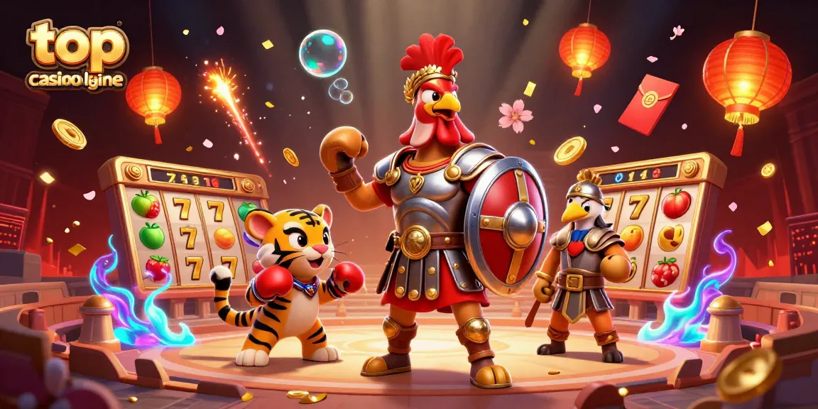 Les jeux au top casino en ligne prennent vie avec un coq gladiateur et des symboles chanceux.