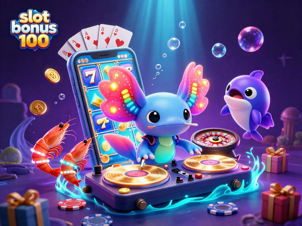 Experience the excitement with slot bonus 100 in this vibrant 3D casino scene featuring animated characters.
