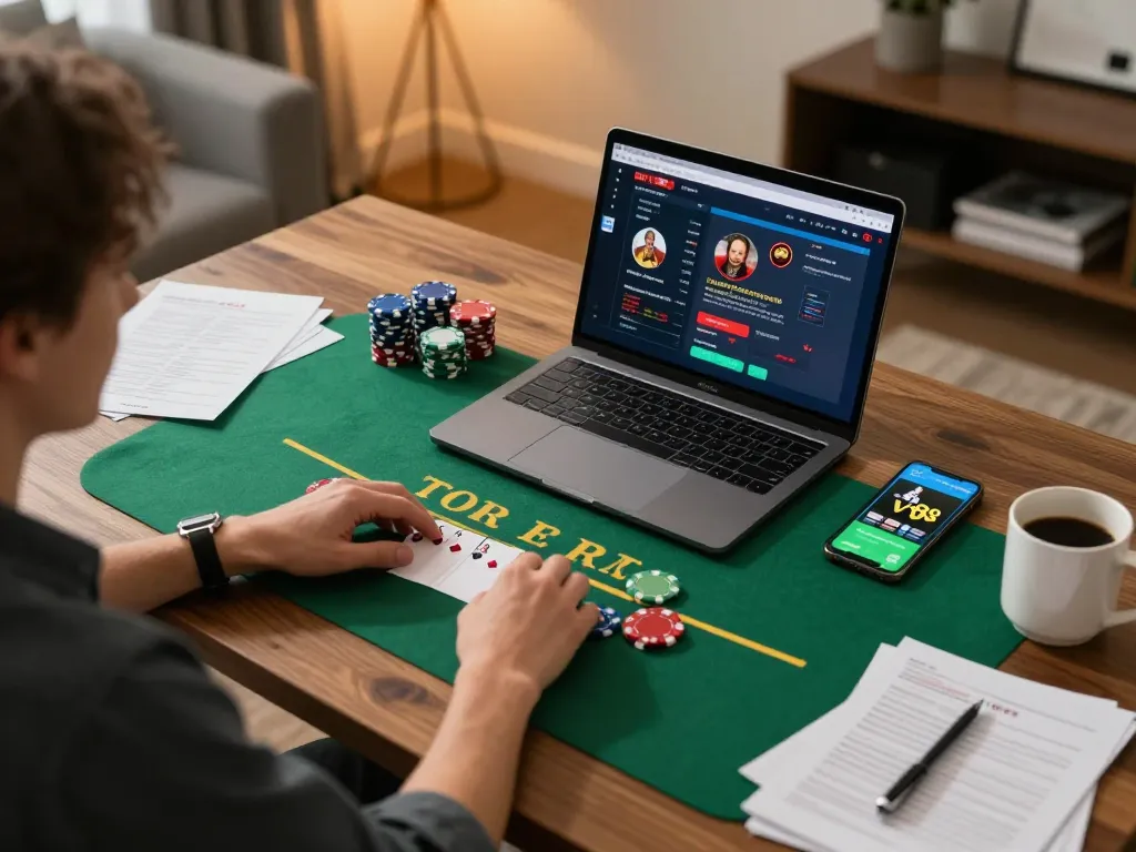 Player engaging in live dealer blackjack on W88 platform, showcasing a cozy online gaming setup