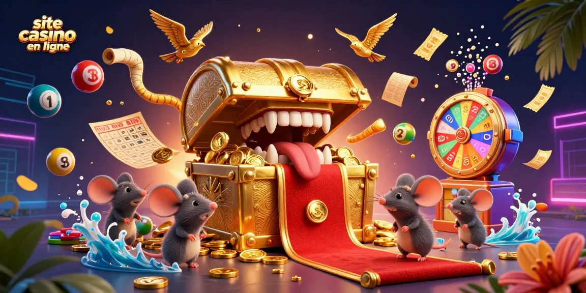 Un site casino en ligne vibrant avec un coffre au trésor attirant et des ballons de loterie colorés, promettant des richesses.