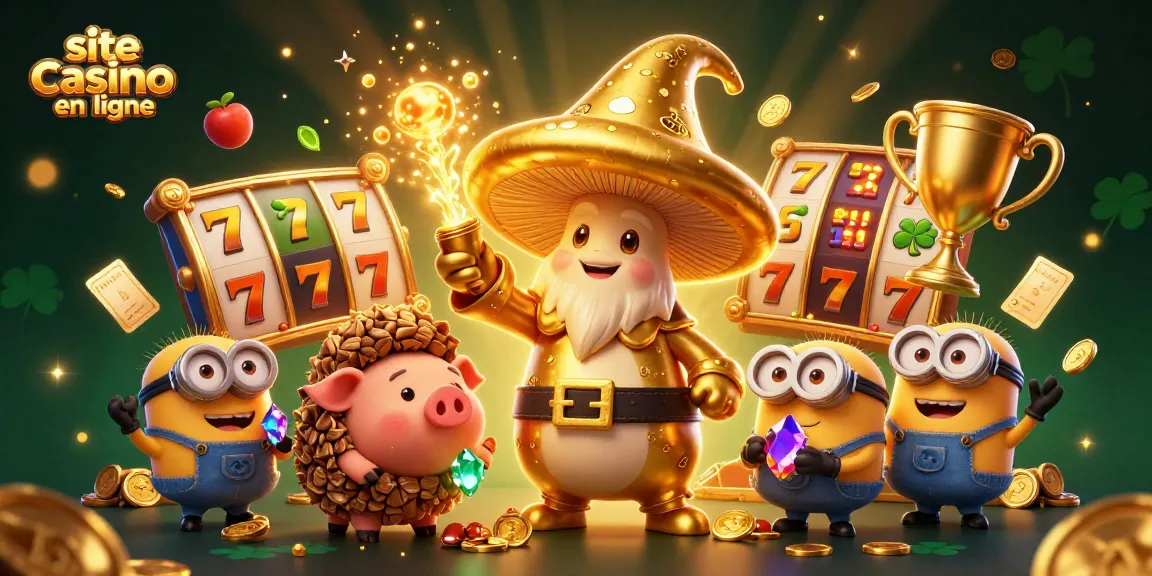 Jouez sur un site casino en ligne avec des éléments de machines à sous, un sorcier, et des trésors dorés.