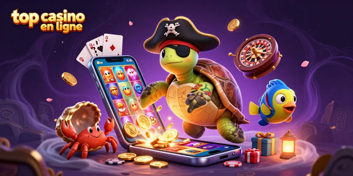 Visitez le top casino en ligne avec une tortue pirate 3D, un crabe hermite doré et un poisson perroquet, entourés de trésors.