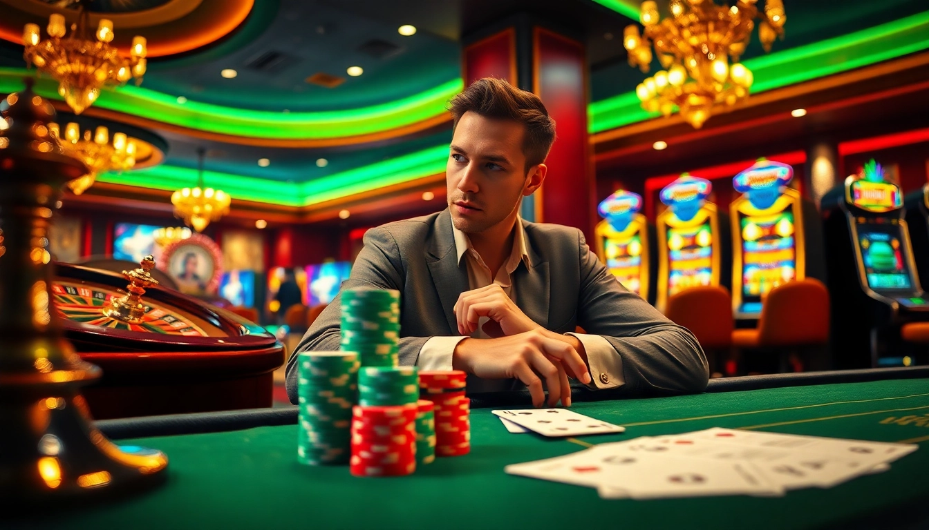 Engaging casino scene showcasing a roulette wheel and poker table at https://rr88.navy/ with players immersed in excitement.