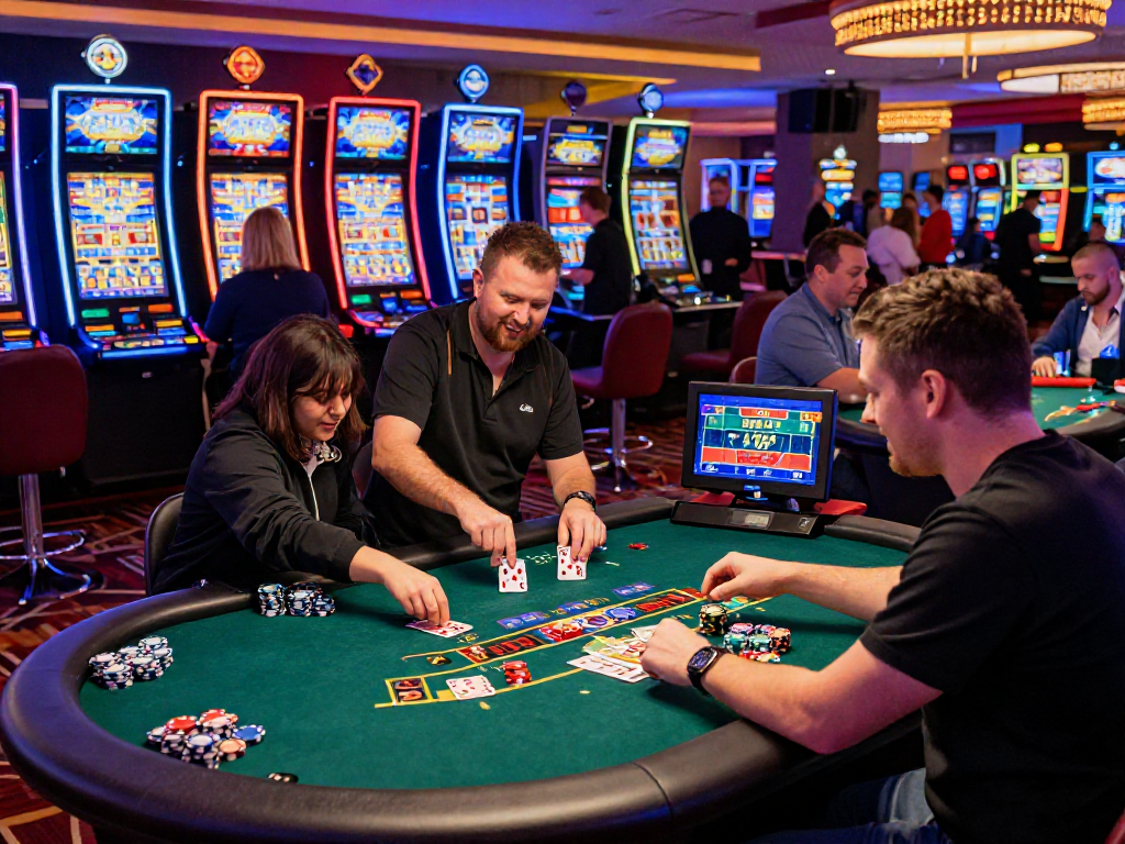 Players at a vibrant casino that accepts credit card, enjoying blackjack and slots together in a lively atmosphere.