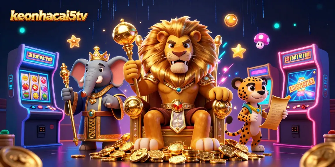 Engage with keonhacai5tv in a vibrant and dynamic casino scene featuring a royal lion king and gaming elements.