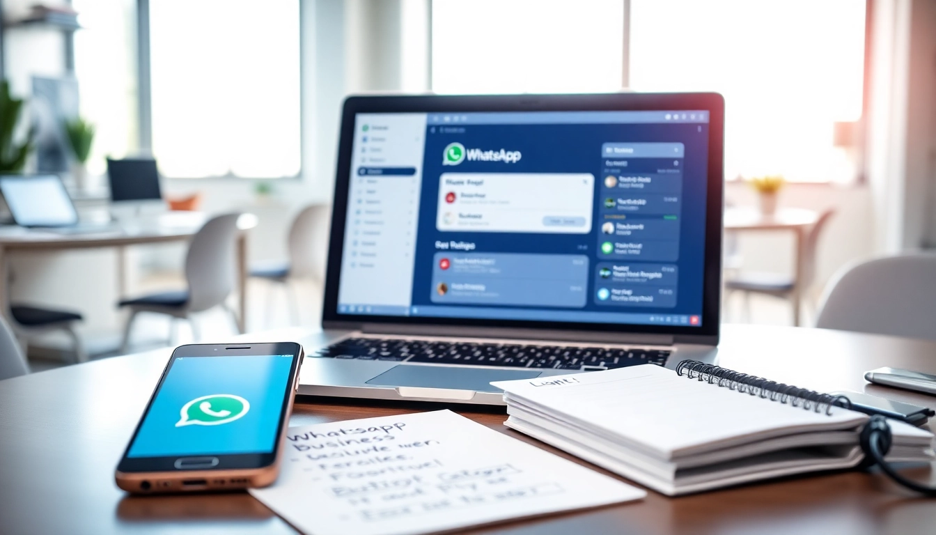 Showcasing WhatsApp Business CRM on a laptop in a professional office environment.