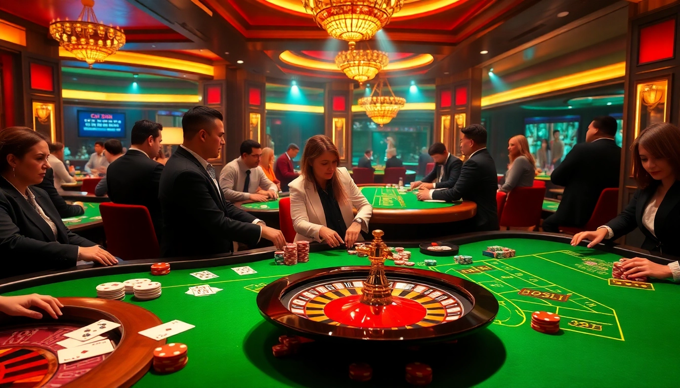 Dynamic gambling action at a vibrant casino scene showcasing kpi4d elements with poker chips and a roulette wheel.