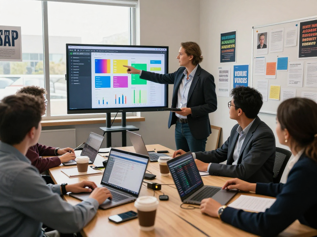 Engaged team analyzing campaign data analytics services in a modern office setting.