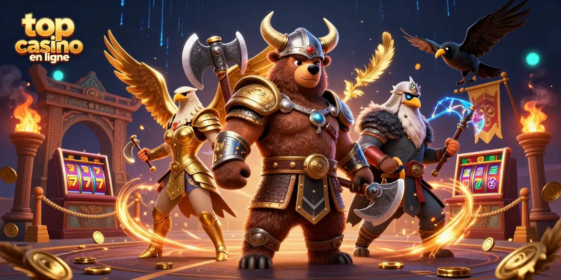 Plonger dans l'excitation des jeux avec top casino en ligne, illustrant un ours viking et une aigle valkyrie.