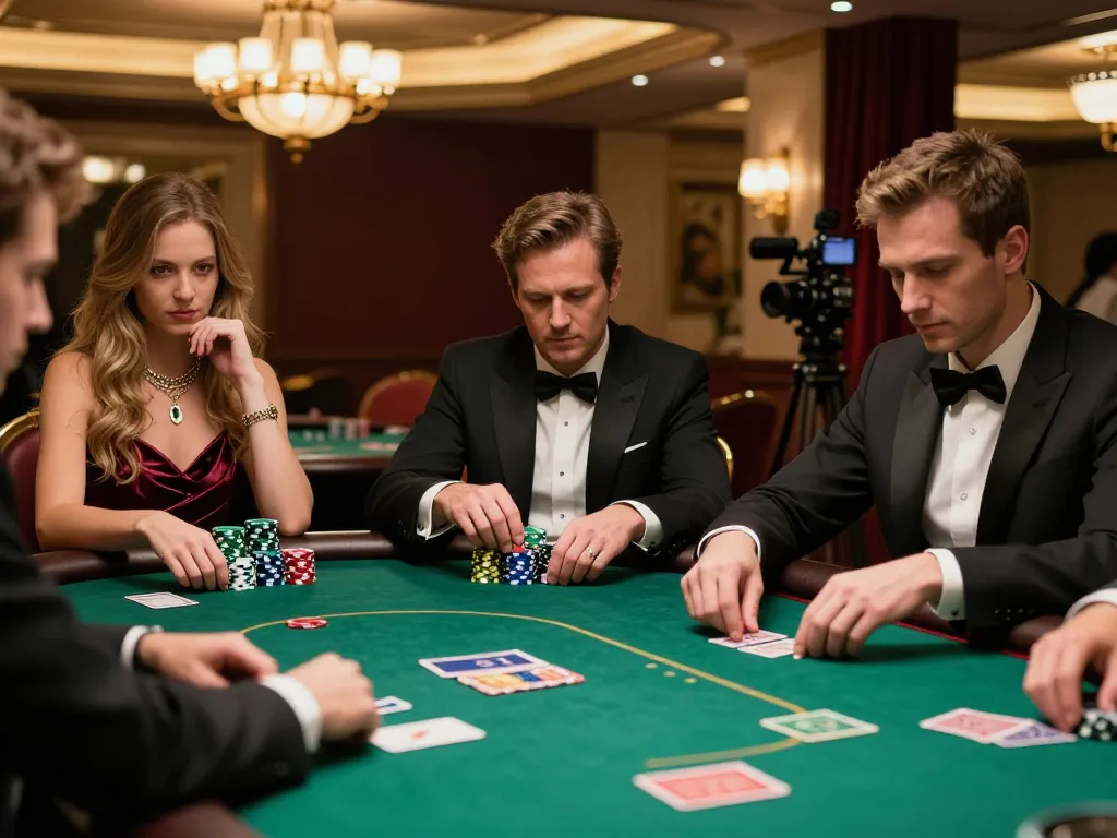 Players strategize during an intense poker game at 388bet's upscale casino, vibrant atmosphere.