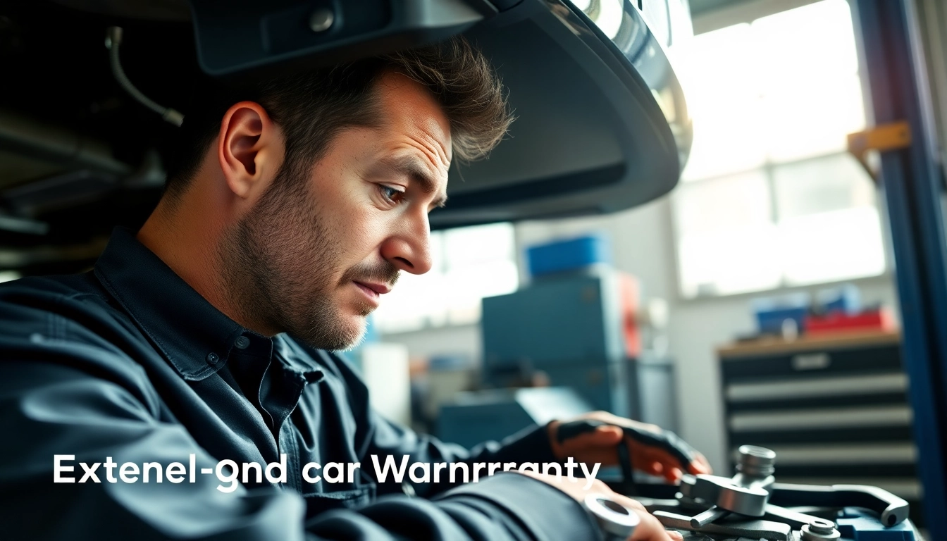 Mechanic evaluating a vehicle for an extended car warranty in a well-lit garage.