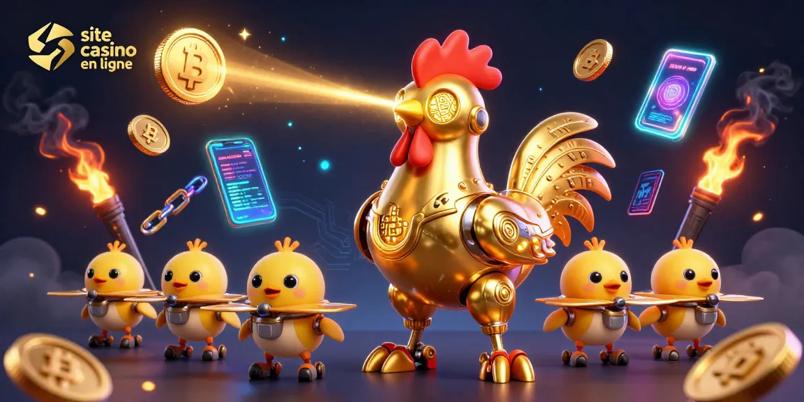 Visualisez le site casino en ligne avec un robot coq futuriste entouré de devises numériques et de jeux de casino.