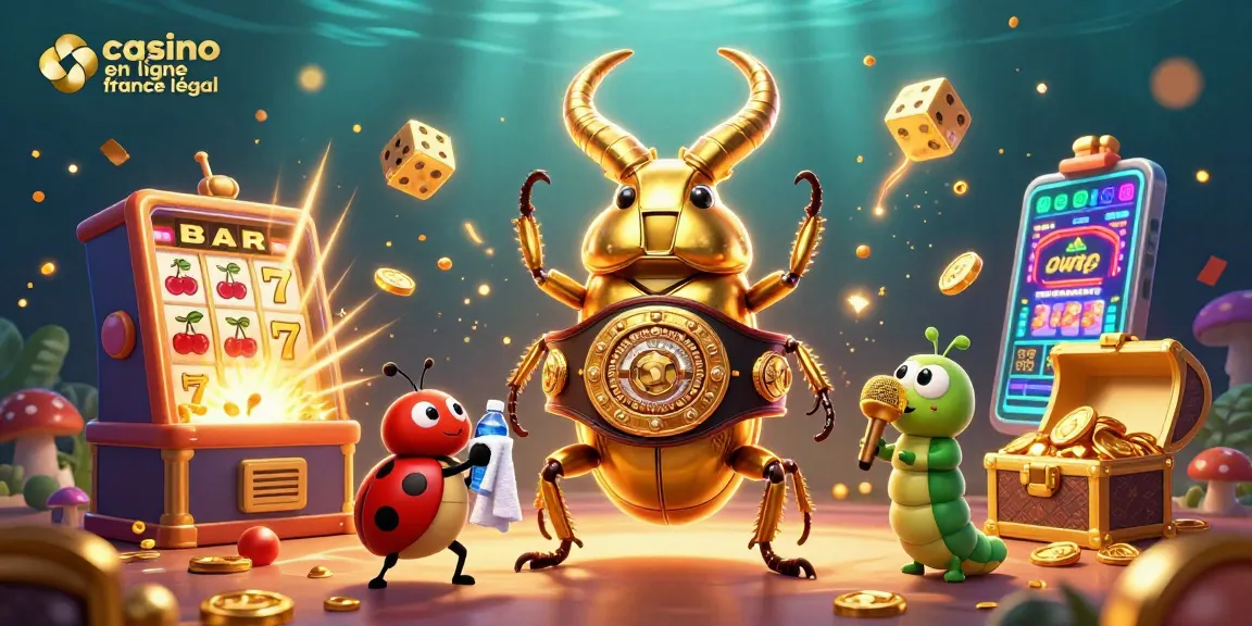 Illustration colorée de casino en ligne france légal avec un scarabée géant et des éléments de jeu en 3D.
