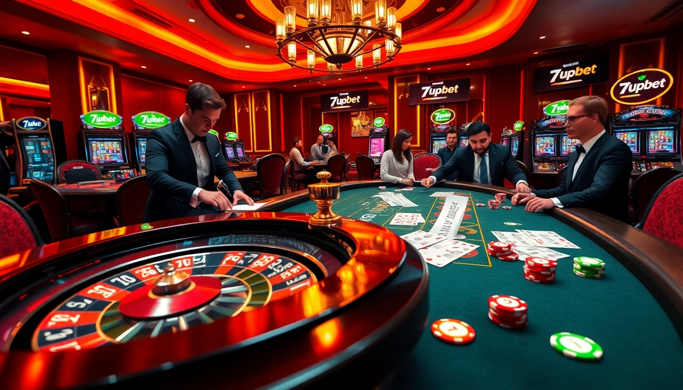 Experience high-stakes gameplay at 7upbet with vibrant casino tables and luxury elements.