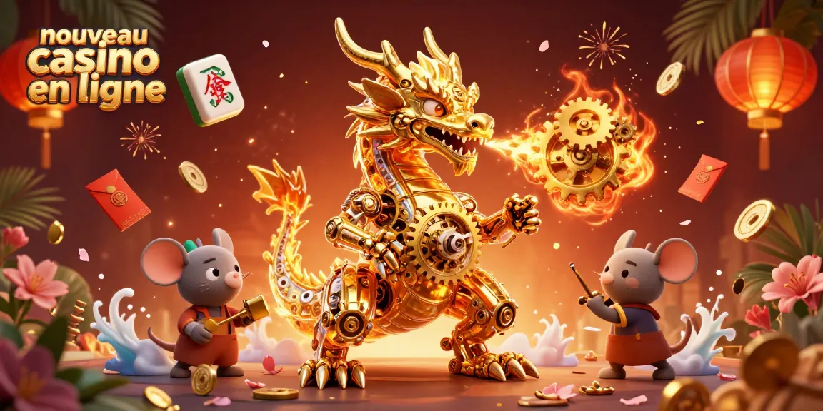 Explorez le nouveau casino en ligne avec ce dragon mécanique vibrant dans cette illustration 3D.