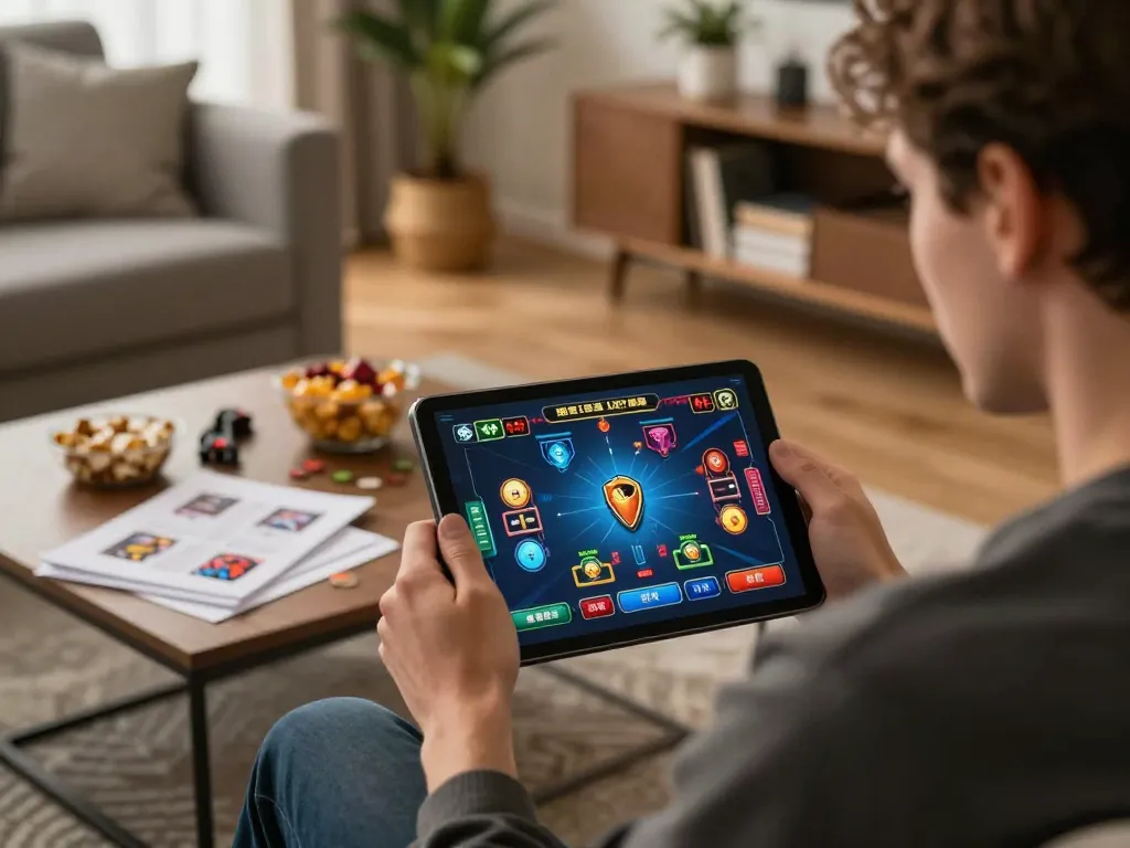 Engaged player using Paris888 app on tablet during an online slot game session.