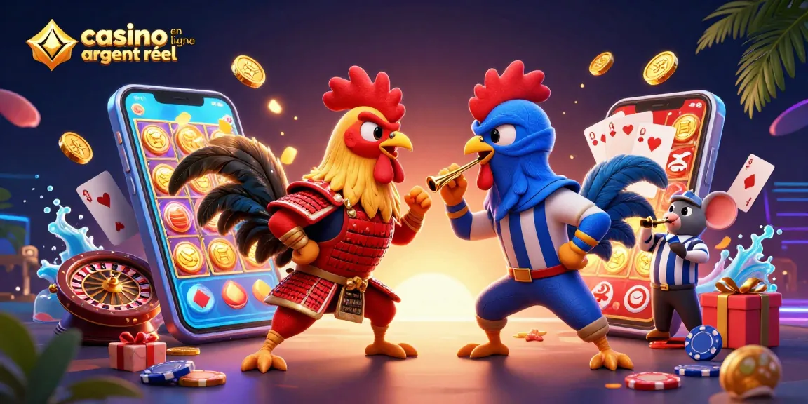 Plateforme de jeu de casino en ligne argent réel mettant en scène des coqs combattants, entourés d'éléments de jeux interactifs.