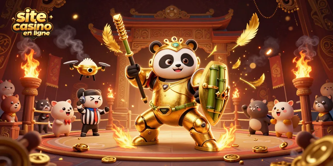 Embarquez sur le site casino en ligne avec ce panda doré mécano combattant, entouré d'une arène animée.