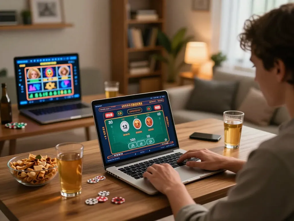 Engaging in casino senza licenza aams gaming at home using a laptop with multiple game displays.