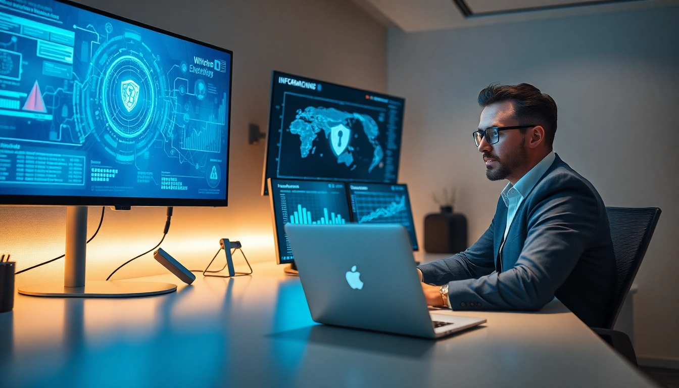 Infosec cybersecurity analyst monitoring data visualizations and network security in a modern workspace.