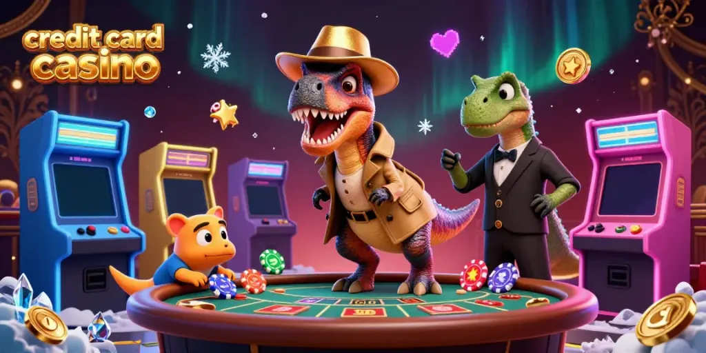 Engaging credit card casino scene featuring a velociraptor at a blackjack table, with colorful arcade elements and dynamic action.