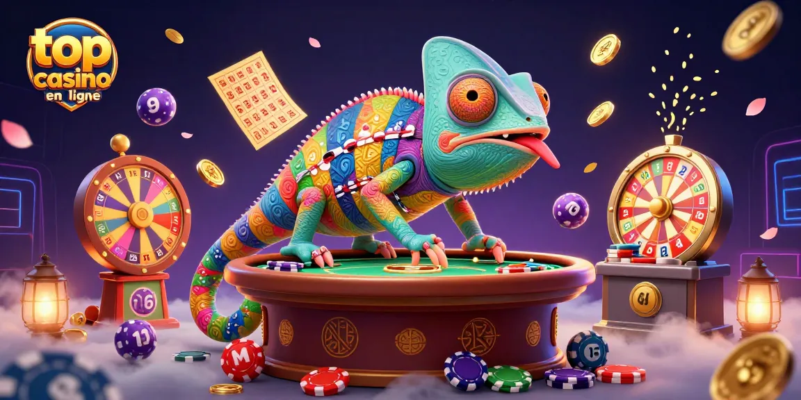 Jouer dans le top casino en ligne avec un caméléon coloré observant la roulette et le poker.