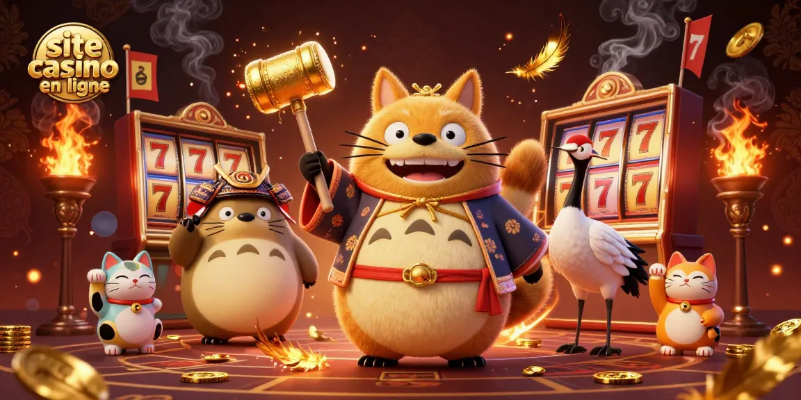 Découvrez le site casino en ligne avec un tanuki chanceux et des éléments de jeu riches, créant une ambiance festive.