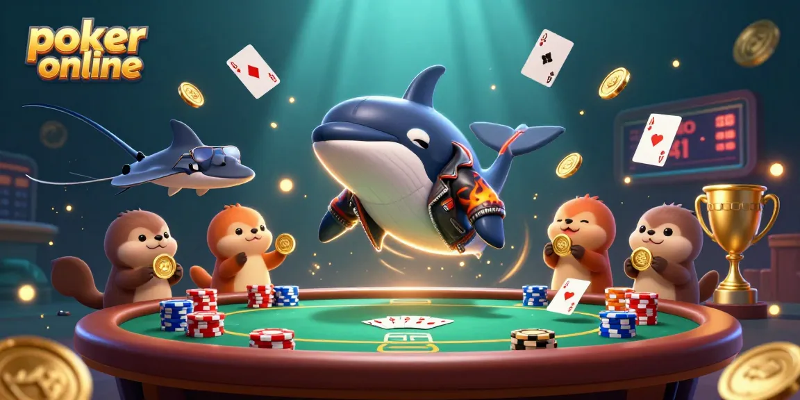 Jouez au poker en ligne avec une illustration dynamique d'orque, raie et loutres autour d'une table de poker.