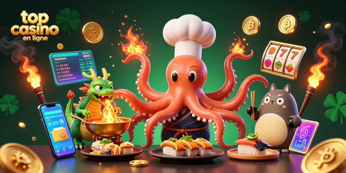 Jouer dans le top casino en ligne avec un chef sushi en 3D et des dragons, entouré d'éléments de jeu.