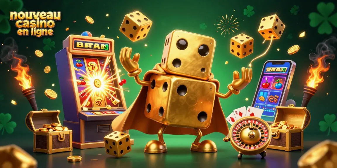 Nouveau casino en ligne illustré avec un golem de dés en or, machines à sous, et des symboles chanceux.