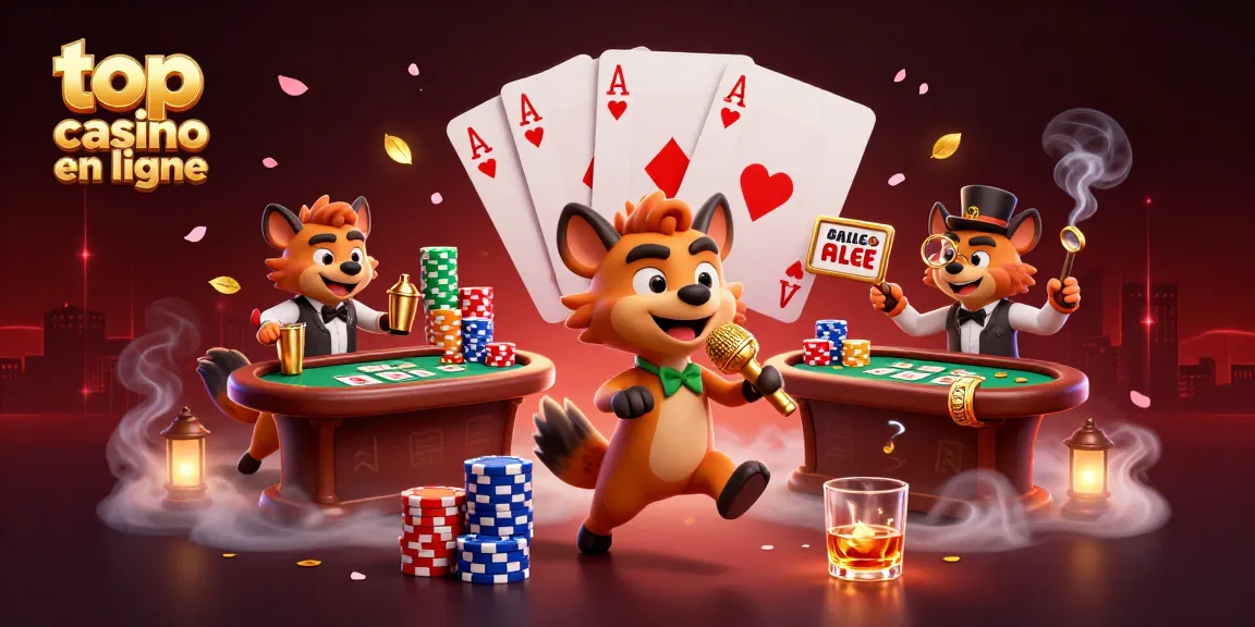 Une scène animée dans un casino avec des hyènes, des jetons de poker et l'inscription top casino en ligne