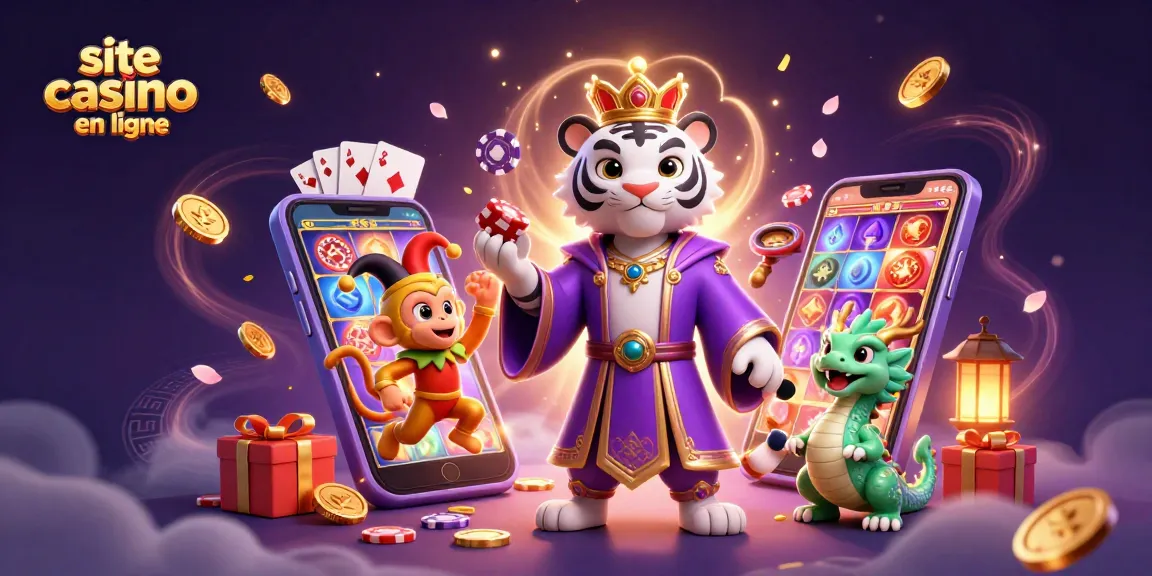 Illustration dynamique présentant le site casino en ligne avec un tigre blanc élégant, un singe doré jonglant et un dragon en jade.