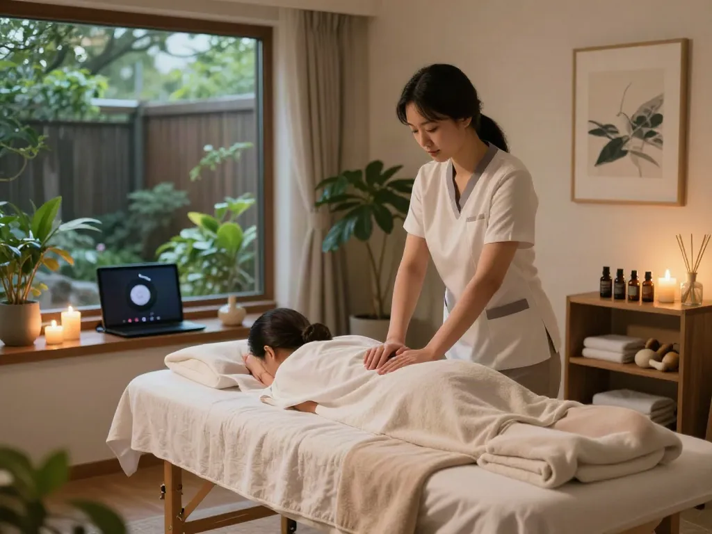 신사동출장마사지 in a calming home environment with a therapist providing relaxation to a client.
