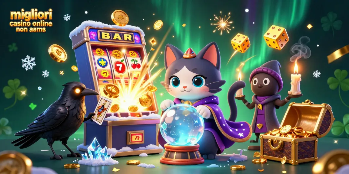 Giocatori esplorano i migliori casinò online non AAMS con un gatto mistico e un corvo tarologo tra vincite straordinarie.