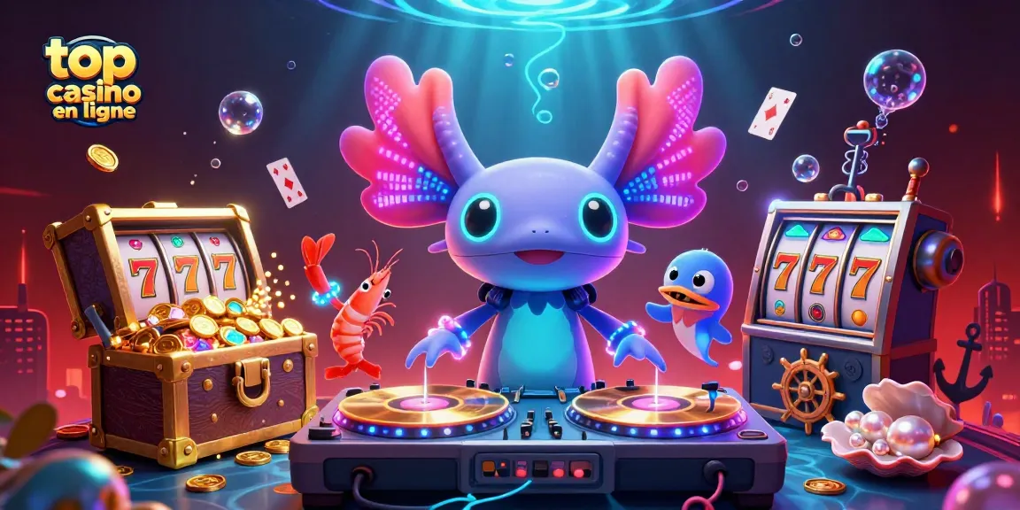 Illustration 3D d'un axolotl DJ dans un casino sous-marin, représentant le meilleur casino en ligne.