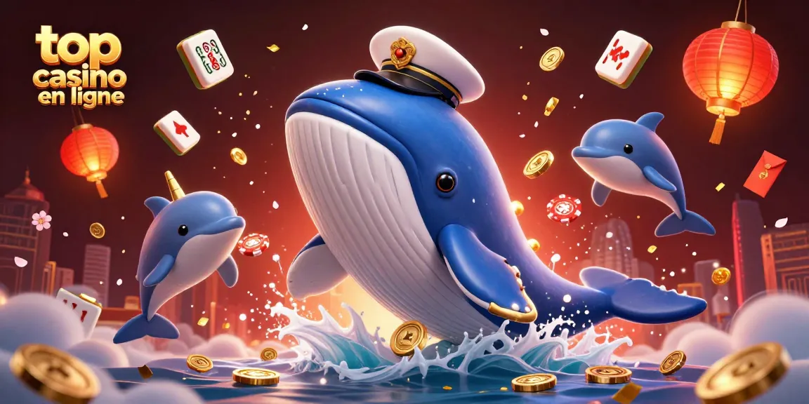 Le top casino en ligne avec une illustration colorée d'une baleine et de dauphins jouant aux jetons.