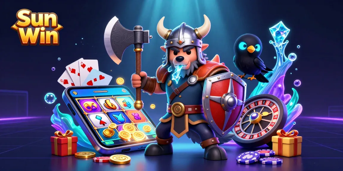 Play vibrant games to win at Sun Win, featuring a Viking warrior, dragon, and 3D slot elements.