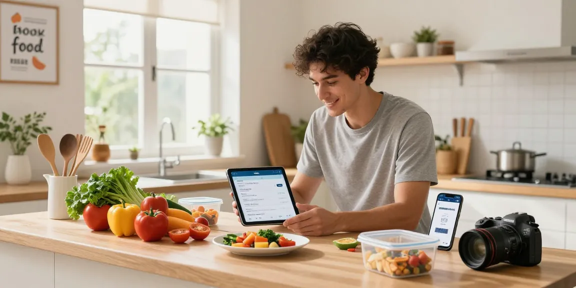 Health enthusiast logging meals with the best calorie tracking apps in a bright kitchen.