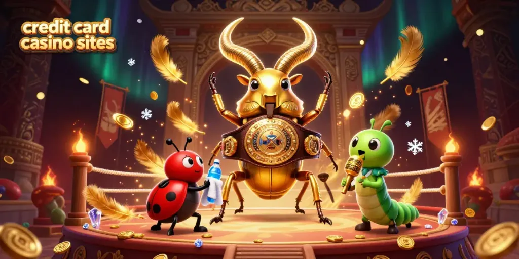 Engaging scene with a giant golden stag beetle preparing for a match at credit card casino sites.