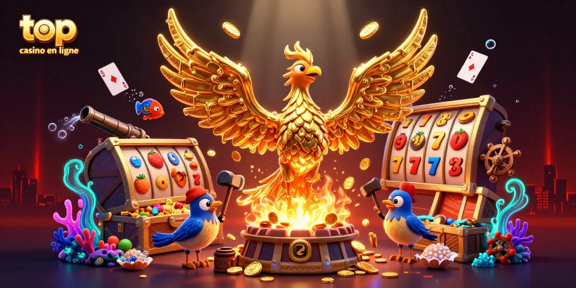 Image dynamique de casino en ligne avec un phénix doré, symboles de gain et des jeux de casino.