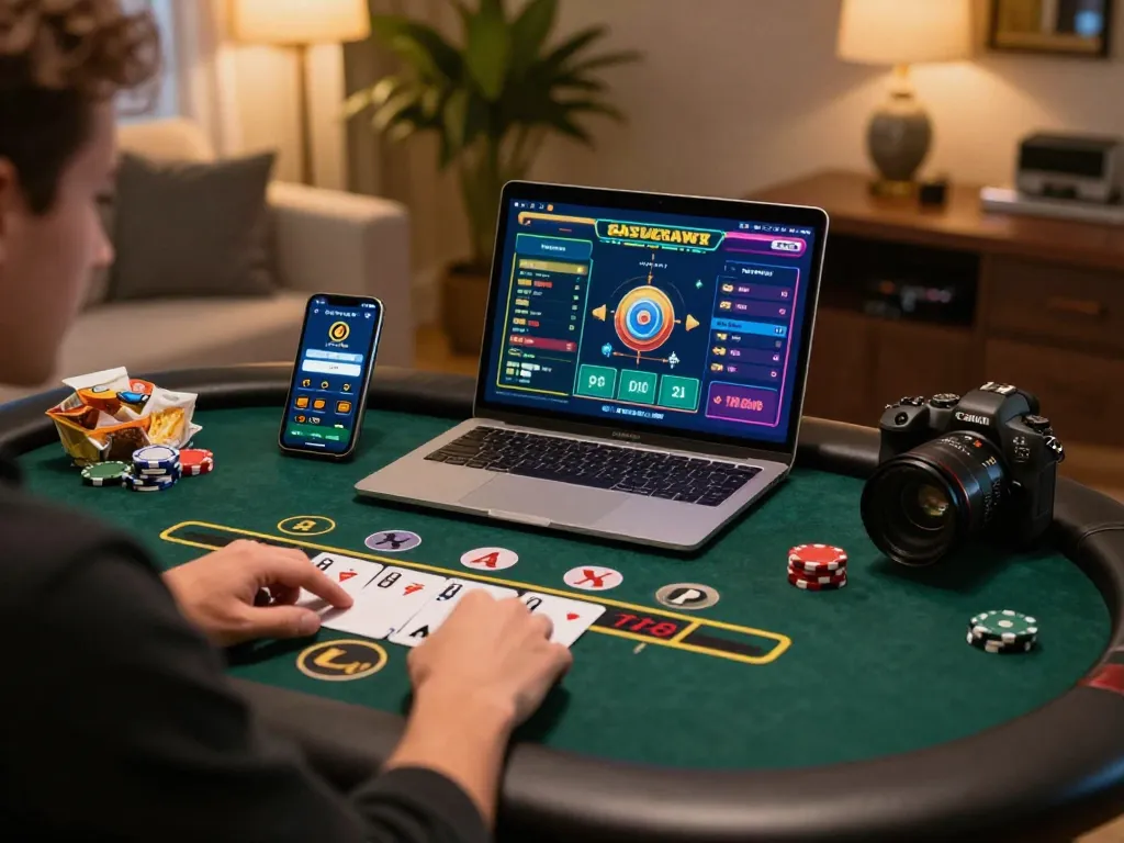 Engaged player enjoying a baccarat사이트 game at home, showcasing immersive online casino experience.