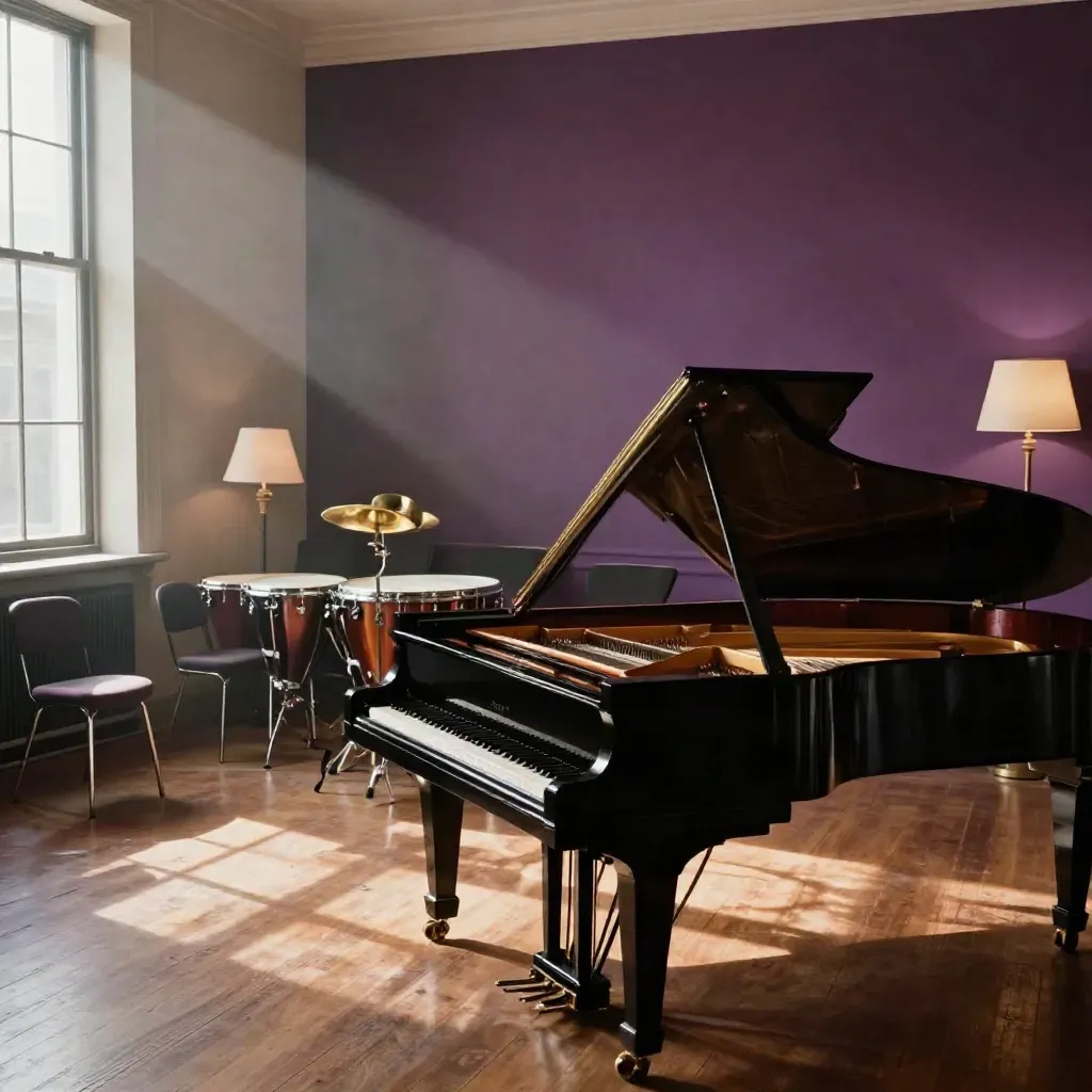 Open grand piano with orchestral chairs and brass timpani in a warm scoring room