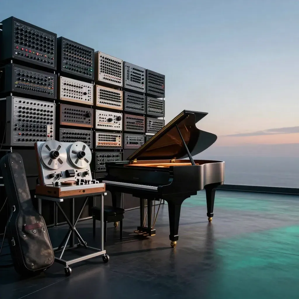 Empty scoring stage with grand piano, synth racks and reel-to-reel deck in blue-hour haze.