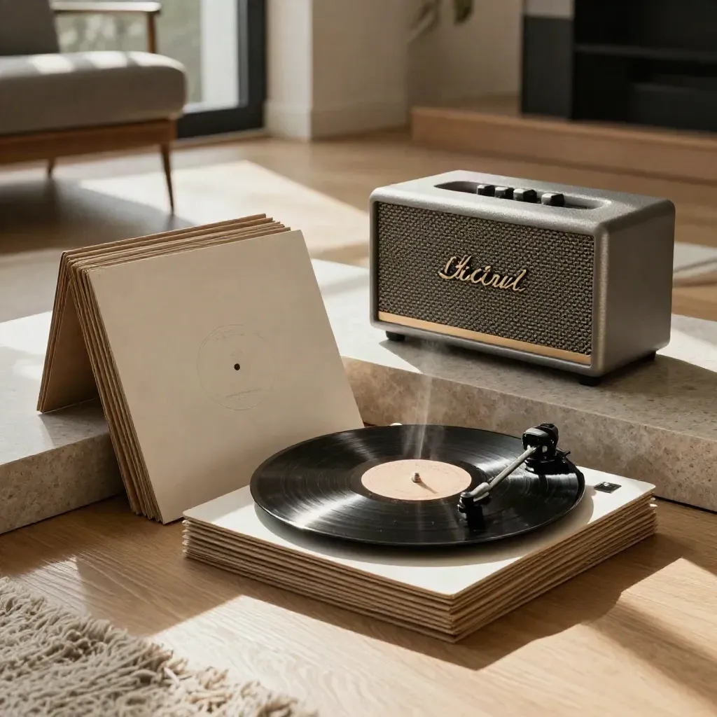 Low-floor studio lounge with vinyl test pressings, stacked sleeves, and a compact speaker in warm window light.